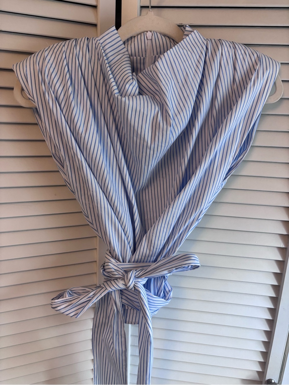 Zara Blue & White Vertical-Stripe Tie-Waist Sleeveless Blouse